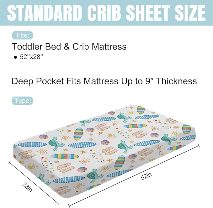 Boho Summer Beach Surf Baby Crib Sheet 52''x28'' Colorful Surfboard Sun Turtles Stretchy Fitted Crib Mattress Sheet for Boy Girl Holiday Soft Baby Bed Sheets for Standard Crib and Toddler Mattress