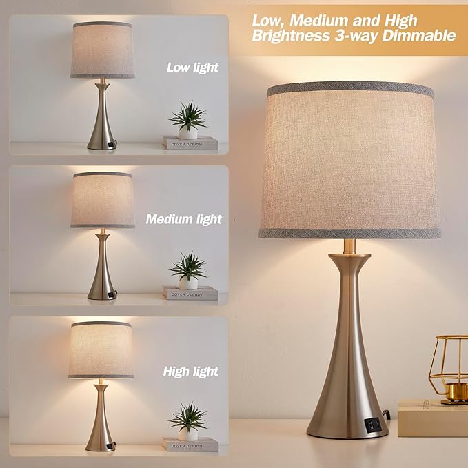 Hikczc Touch Lamp for Living Room Bedroom, 21" Table Lamps Set of 2 with USB C+A Ports and Grey Lamp Shades, Touch Bedside Lamps for Nightstand with 3 Way Dimmable, 2 LED Bulbs Included, Silver