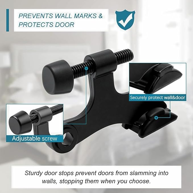 6 Pack Hinge Pin Black Door Stopper, Adjustable Heavy Duty Hinge Pin Door Stop with Black Rubber Bumper Tips