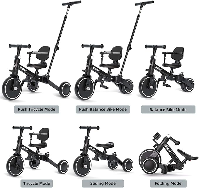 XJD Toddler Bike, 6 in 1 Folding Toddler Tricycle for 1-4 Year Old with Parental Control Handle, Balance Bike with Removable Pedal, Backrest, Adjustable Seat, First Birthday Gifts (Black)