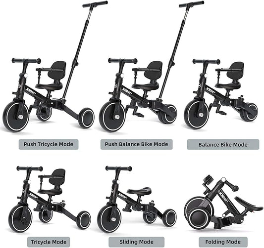 XJD Toddler Bike, 6 in 1 Folding Toddler Tricycle for 1-4 Year Old with Parental Control Handle, Balance Bike with Removable Pedal, Backrest, Adjustable Seat, First Birthday Gifts (Black)