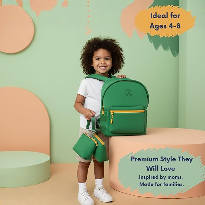 Kaywee 3pc Neoprene Kids Backpack SET with 2 zipper pouch & kids airtag holder | Elementary School backpack |Green Kids Superhero Backpack Boys and Girls Ages 3-8 Toddler airplane travel essentials
