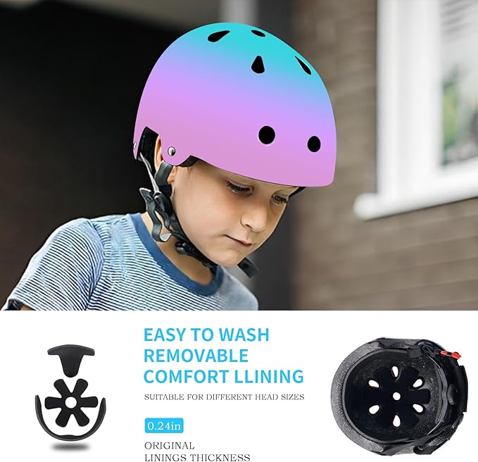 Adjustable Gradient Color Kids/Toddler Bike Helmet for 1-2-3-5-8-14 Years Boys Girls,Skateboard Helmet with Knee and Elbow Pads Wrist Guard Roller Skates,Cycling,Skating Scooter Longboard