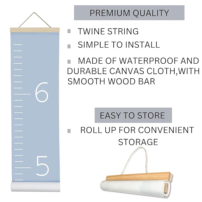 Morxy Canvas Growth Chart for Kids - Unisex Kids Room Wall Decor - Measuring Height Chart- Wall Tape with Height Chart for Kids (Canvas, Plain Blue)