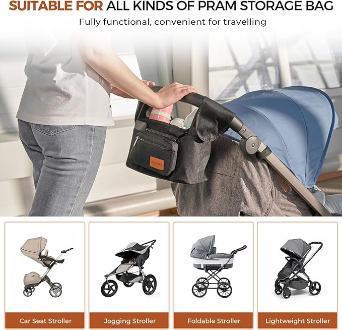 WUUTER Stroller Organizer with Cup Holder Detachable Wristlet Large Capacity Baby Stroller Bag for Mom, Fits Uppababy, Baby Jogger, Britax, BOB, More (Black)