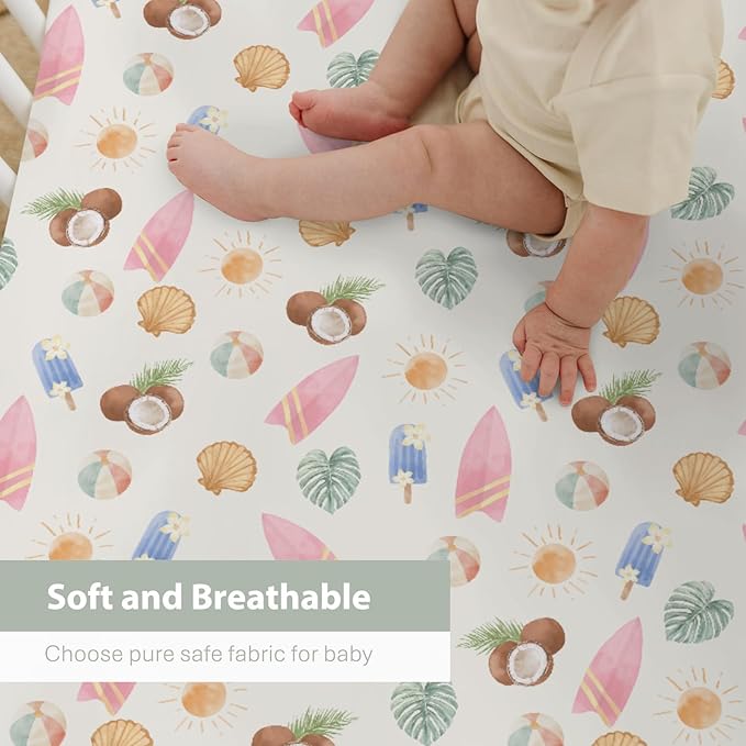 Neutral Summer Beach Baby Crib Sheets for Boy Girl 52x28Inch Surfboard Coconut Seashells Sun Balls Soft Snug Fitted Crib Mattress Cover Seaside Holiday Baby Sheet for Crib and Toddler Bed Mattress
