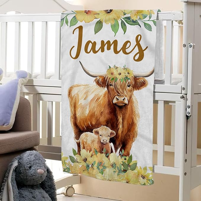Personalized Baby Crib Bedding Set: 4 Piece Yellow Flower Custom Gift Crib Bed Set with Name - Highland Cow Theme, Nursery Bedding Set for Baby Girls,Newborn Girls Crib Sets, Crib Bedding Shower Gifts