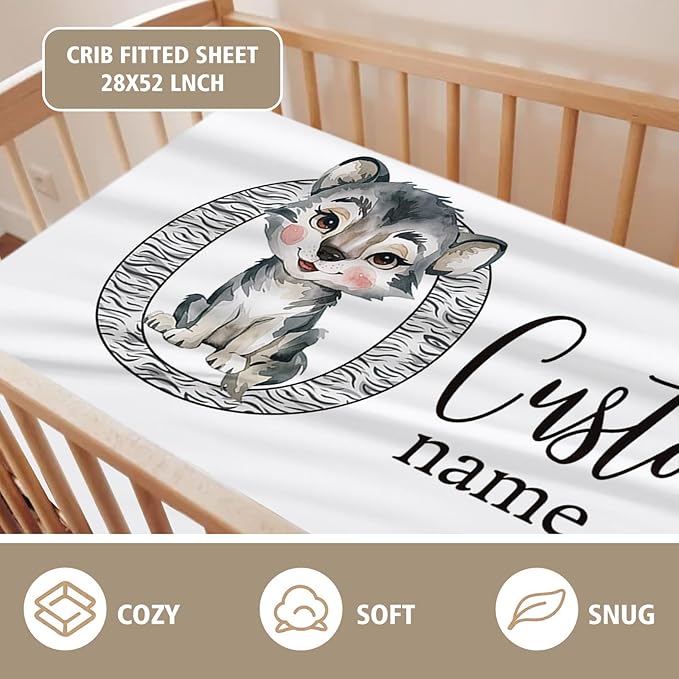 Personalized Baby Crib Bedding Set, Custom Name Little Wolf Baby Bedding 2-Pcs Set - Soft Double Layer Dotted Blanket and Fitted Sheet, Nursery Bedding for Newborn Boys Girls, Perfect Shower Gift