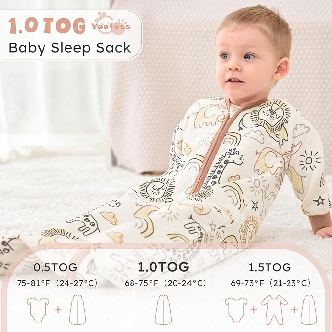 Yoofoss Baby Sleep Sack 12-18 Months 1.0 Tog Long Sleeve Sleep Sack Organic Cotton Wearable Blanket for Toddlers 2-Way Zipper Quilted Sleeping Sacks(Large)
