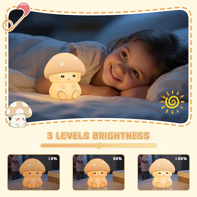 ICARER FAMILY Mushroom Night Light, White Silicone Night Lamp, Touch Control with 30/60 min Dimmble, 3 Brightness Levels, 7 Color Changing, LED Night Lights, USB-C Rechargeable, Gifts for Girls Boys
