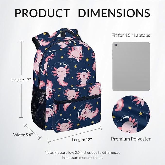 COZYAURA School Bags for Girls - Cute Black Axolotl Travel Backpack for Kids - 17 Inch Bookbag for Elementary Primary School - Back to School Supplies