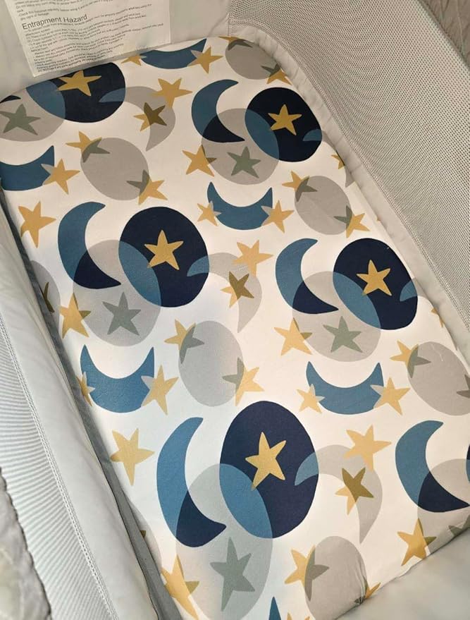 TotAha Space Mini Crib Sheets Fitted, Star & Moon Pack N Play Sheets, Super Stretchy Jersey Knit Playard Sheets, Compatible with Graco Pack N Play Playard Crib and Other Playpen Mattress