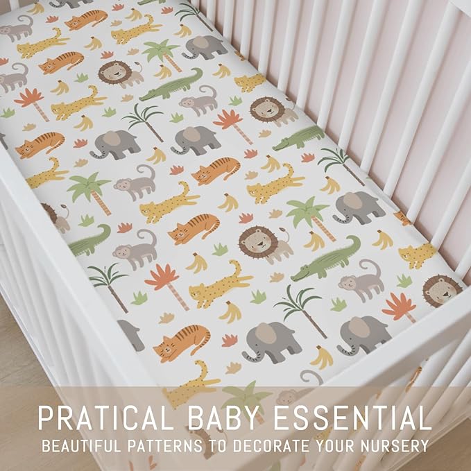 Jungle Safari Animal Baby Crib Sheets for Boys Girls Cute Lion Leopard Elephant Monkey Soft Snug Fitted Crib Mattress Covers for 52''x28'' Standard Crib & Toddler Mattress Safari Adventure Bed Sheets