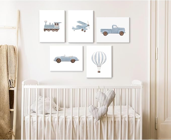 Blue Car Wall Art Decor Boys Room Canvas Poster Vintage Train Transportation Wall Art Watercolor Toddler Art Prints Blue Car Pictures Painting for Boy Bedroom Kids Nursery 8x10 Inch Framed Set of 5