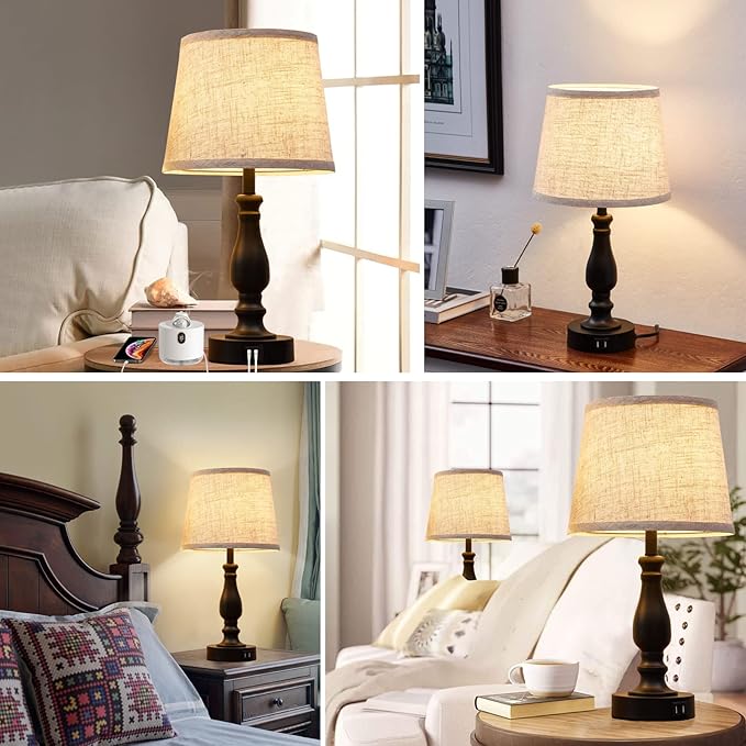 EJIAXIN Table Lamps Set of 2, Bedside Nightstand Lamps with USB Charging Ports,Dimmable Touch with Linen Fabric Lampshade, Modern Small Lamp for Bedrooms, Living Room (Bulbs Included)