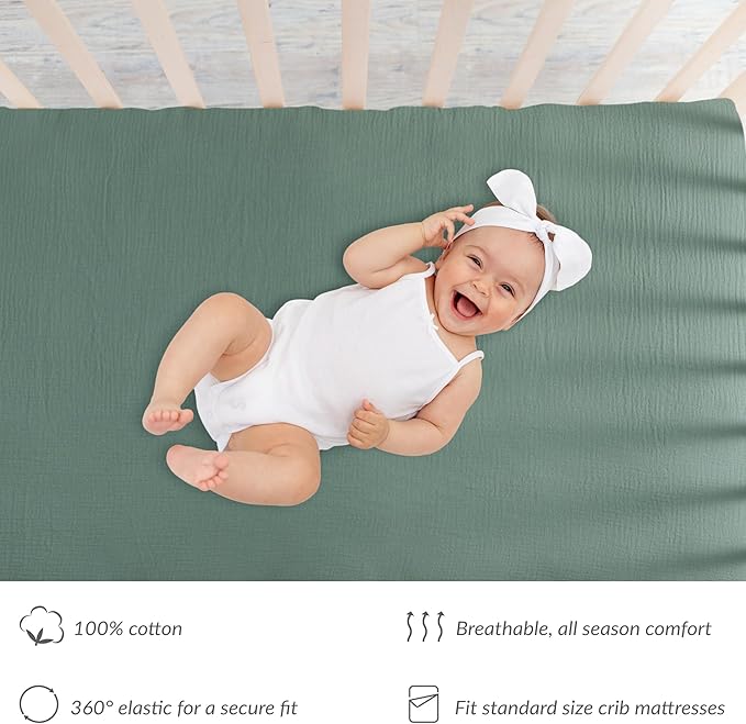 Meracorallo Muslin Fitted Crib Sheet, Soft and Breathable Baby Crib Sheet for Standard Crib and Toddler Mattresses, Roman Green