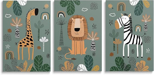 SKYSUKEY Boho Nursery Wall Art Baby Safari Nursery Prints Neutral Nursery Wall Art Nursery Decor Framed Green Nursery Canvas Prints Safari Baby Animals Wall Art Prints Set of 3, Framed, Boys Girls Kids Room Wall Decor, 16"x24"