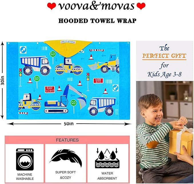 VOOVA & MOVAS Kids Towels Age 3-10, 30''X50, Soft | Thick | 100% Cotton, Large Absorbent Beach, Bath, Pool, Swim Towels | Cover up for Boys | Excavator Vehicle