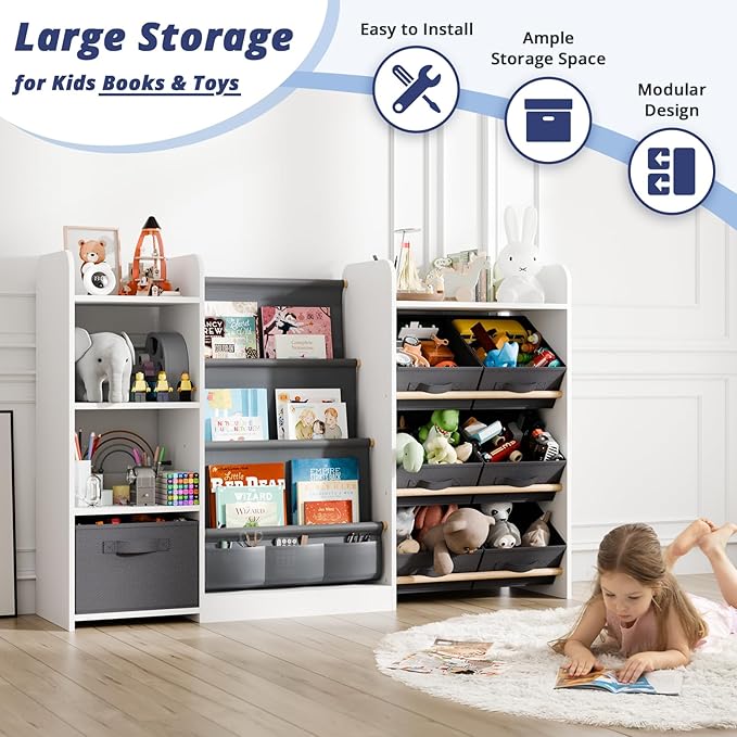 IKALIFE Kids Toy Book Storage Organizer - Large Bookshelf with 7 Removable Bins, Baby Bookshelf and Toy Storage, 4-Tier Book Shelf for Kids Room, Playroom, Classroom, 51 inch, White