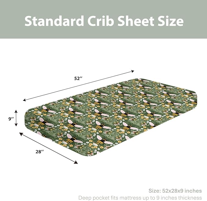 Bee Honey Garden Green Baby Crib Sheets for Boy Girl 52"x28" Boho Floral Bees Honey Butterflies Soft Snug Fitted Crib Mattress Covers Spring Summer Baby Sheet for Standard Crib & Toddler Bed Mattress