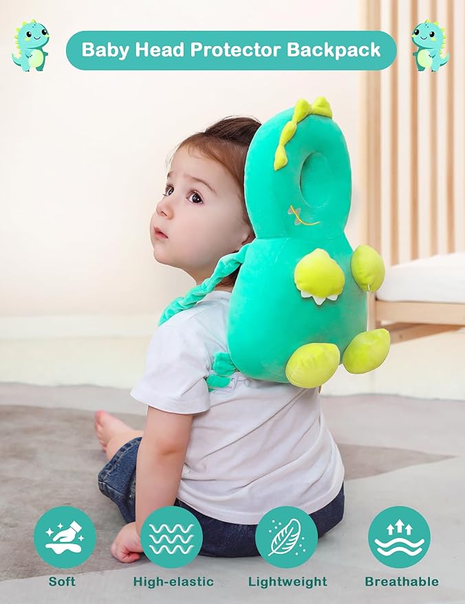 JunNeng Baby Head Protector Backpack,Toddler Walker Fall Head Protection,Green Dinosaur B