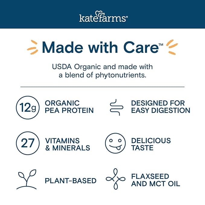 KATE FARMS Organic Plant Based Pediatric 1.2 Sole Source Vanilla Nutrition Shake, 12g of protein, 27 Vitamins and Minerals, Meal Replacement Drink for Kids, Non-GMO, 8.45 Fl oz (Pack of 12)