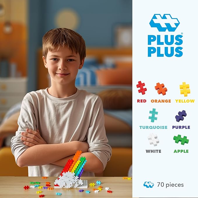 PLUS PLUS 70 Piece Interlocking Building Blocks for Kids, Open Ended Connecting Toys, Stem Bin Classroom Mini Manipulatives - Rainbow Mix Play Tube