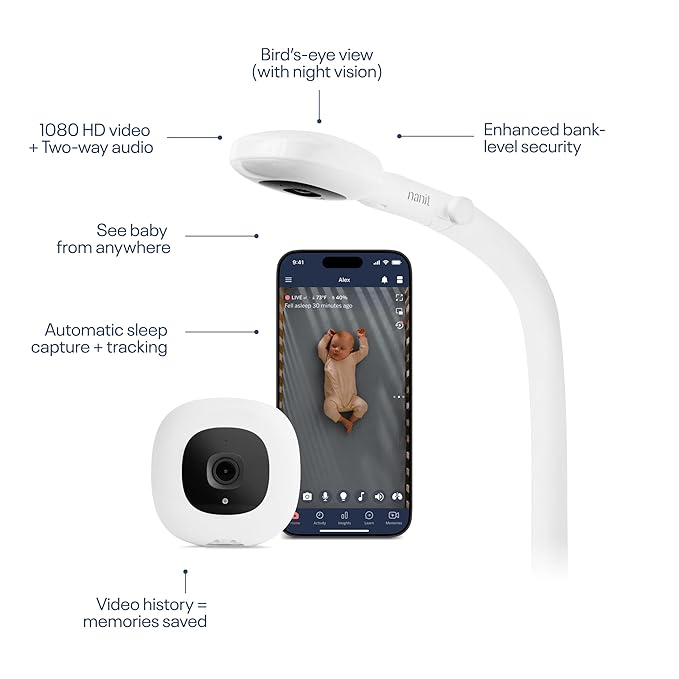 Nanit Essentials Smart Baby Monitor with Floor Stand – 1080p HD Wi-Fi Camera, Sensor-Free Breathing Monitoring, Sleep Tracking, Two-Way Audio, Night Vision, Motion & Cry Notifications, White