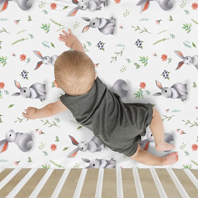 Easter Spring Bunny Flowers Baby Crib Sheets for Boy Girl 28"x52" Rabbit Boho Wildflower Soft Snug Fitted Crib Mattress Cover Garden Animal Nursery Baby Sheet for Standard Crib and Toddler Mattress