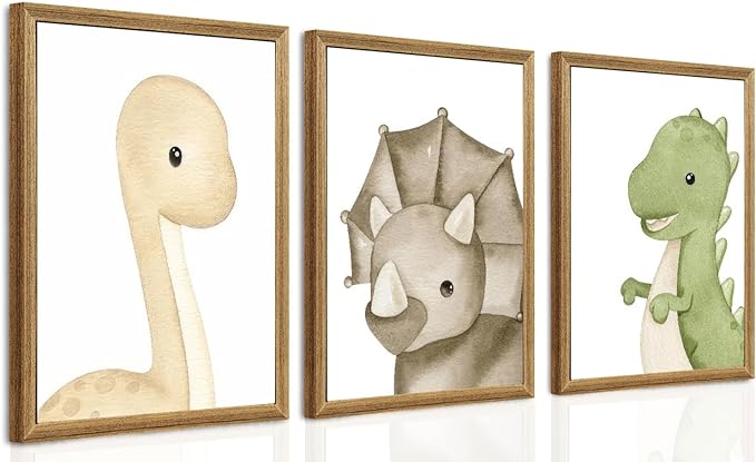 arfitest Dinosaur Wall Art Kids Boys Room Canvas Wall Decor Dino Nursery Wall Art Pictures Baby Dinosaur Poster Prints for Boys Bedroom Bathroom 12x16 Inch Framed Set of 3