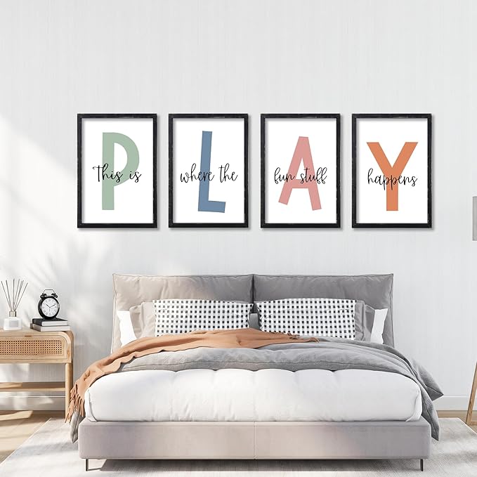 LuZhiQiang Playroom Wall Art Decor This Is Where The Fun Stuff Happens Sign Colorful Letters Decor 4 Piece 16"×11" for Toddler Modren Nursery Children Prints Small Wood Framed Wall Hanging (Black)