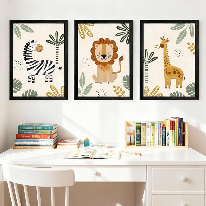 Cute Zebra Lion Giraffe Quote Framed Wall Art Set of 3, 11x16 Boho Educational Animal Wall Sign for Baby Girl Kid Boy Toddlers, Wooden Inspirational Nursery Wall Decor Black