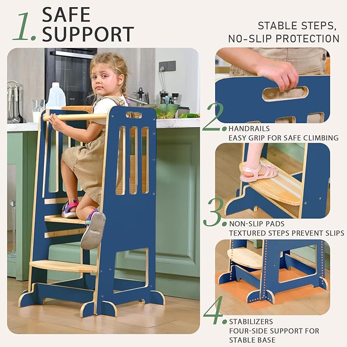 WINGYZ Toddler Tower – Adjustable Step Stool Helper for Kids 18M–6Y, Kitchen Learning Stool with Safety Rail, 3-Height Adjustable, Sliding Door, Full Support Foot, Wooden Updated Design, Dark Blue