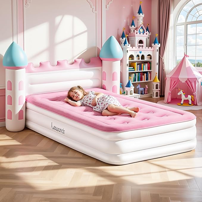 Lewondr Inflatable Kids Bed, Pink Castle Toddler Travel Bed with Electric Air Pump, Kids Blow Up Mattress with Portable Storage Bag, Kids Air Mattress Princess Toddler Bed for Home Camping Sleepovers