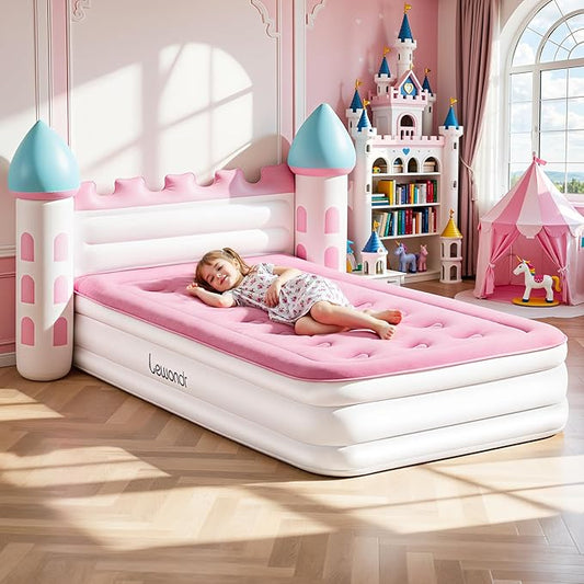 Lewondr Inflatable Kids Bed, Pink Castle Toddler Travel Bed with Electric Air Pump, Kids Blow Up Mattress with Portable Storage Bag, Kids Air Mattress Princess Toddler Bed for Home Camping Sleepovers