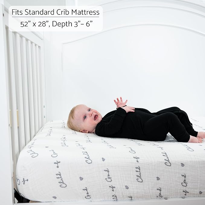 LollyBanks Muslin Crib Sheet 1 Pack, 100% Cotton Baby Crib Sheet for Boys and Girls, Soft and Breathable Neutral Baby Fitted Sheets for Standard 52"x28" Mattress, Registry (Child of God Print)