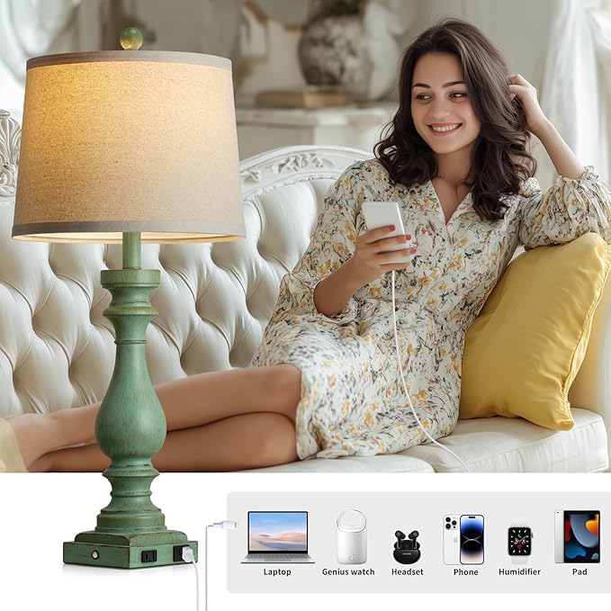 luxeflow 29" Tall Vintage Table Lamps Set of 2,Retro Green Bedside Lamps with USB C+A Ports & AC Outlet,3-Way Dimmable Touch Lamp for Night Stands Living Room Bedroom,Green