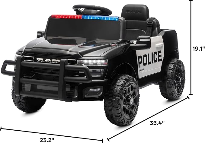 Kidzone Ride On Truck for Kids, Licensed RAM 3500 12V Battery Powered Electric Car Toy with Remote Control, LED Lights, Bluetooth Music & Rear Suspension - Black w/Police Design