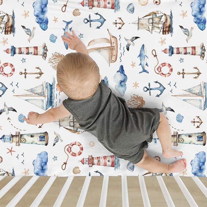 Sailing Adventure Baby Crib Sheets for Boy Girl 28"x52" Sea Lighthouse Ship Anchors Whale Shells Soft Snug Fitted Crib Mattress Cover Beach Summer Baby Sheet for Standard Crib & Toddler Bed Mattress