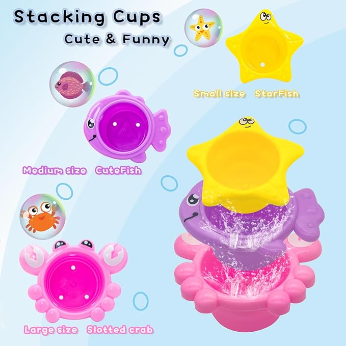 Baby Girl Bath Toys for Kids Ages 1-3 Water Table Suction Spinning Tub Toys Toddler Bathtub Toys with Stacking Cups for Infants 12 18 Months+