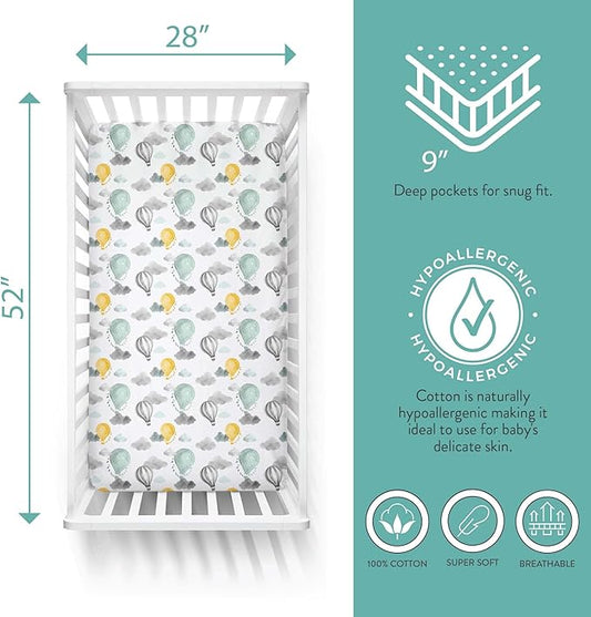 Featherhead™ 2-Pack Fitted Crib Sheets - 100% Cotton - 52" x 28" x 9" for Standard Crib and Toddler Mattress (Percale Green Balloons)