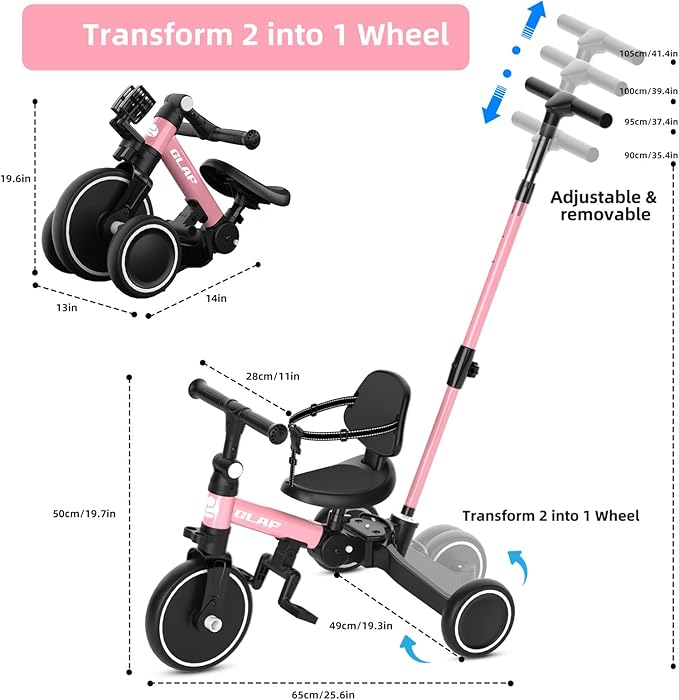 Glaf Tricycle for Toddlers 1-3 Toddler Bike with Push Handle 2-4 Years Baby Bike Toy for 1 Year Old Boys and Girls Balance Bike with Removable Pedal, Backrest, Adjustable Seat, Gifts (Pink