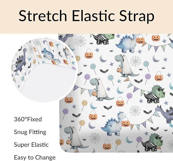 Cute Halloween Dinosaurs Baby Crib Sheets Spooky Dinosaur Pumpkin Bats Fitted Crib Mattress Cover for Standard Crib Toddler Mattress Halloween Night Baby Sheet 28x52in