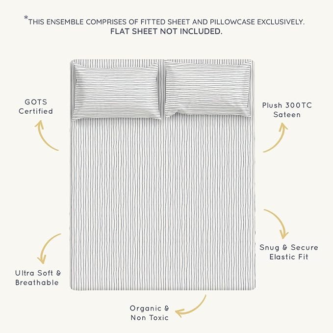 MakeMake Organics Organic Twin Fitted Sheet Set GOTS Certified Organic Cotton Fitted Sheet with 1 Pillowcase Ultra Soft Non Toxic Breathable Hypoallergenic (40"X76", Navy Stripes)