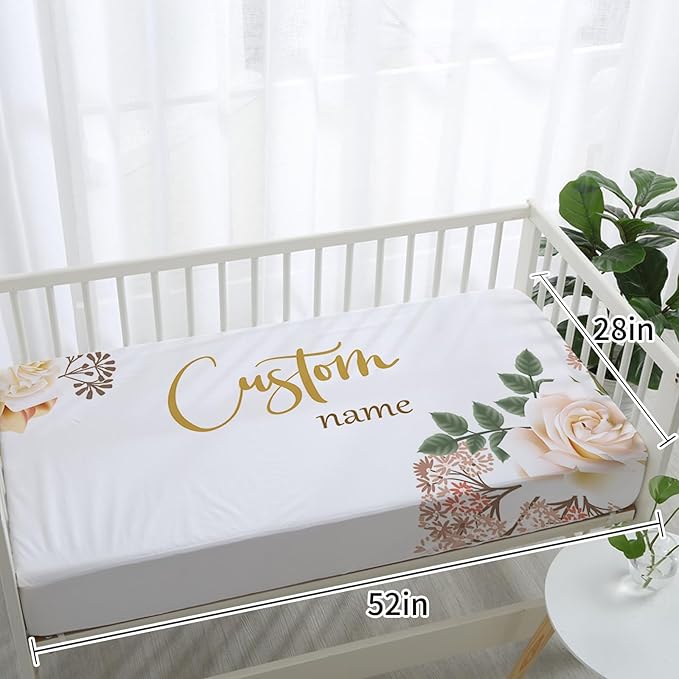 Custom Baby Crib Bedding Set,Personalized Name Pink Flowers Theme Nursery Bed Set 4 Piece,Baby Blanket Fitted Sheet Nursery Rug Wall Art Set,Custom Room Decor Idea Gift for Newborns Boys Girls