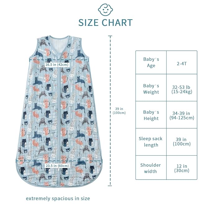 Baby Sleep Sack 2-4 T Baby Wearable Blanket 100% Organic Cotton 0.5 TOG Toddler Sleep Sacks 2- Way Zipper Soft 4 Layers Muslin 2T 3T 4T Kitten Cat
