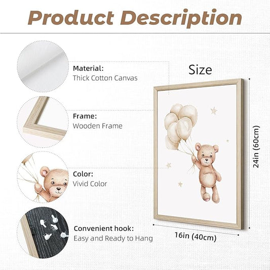 Bear Nursery Wall Art Decor Set of 3 Teddy Bear Canvas Wall Art Baby Boy Nursery Decor Prints Neutral Pictures Moon Star Cloud Print for Girls Children Room 16x24 Inch Wood Framed