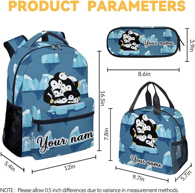 COOPASIA Personalized Penguin Backpack with Lunch Box and Pencil Case, 16 Inch Penguin Theme Bookbag with Adjustable Straps, Durable, Lightweight, Large Capacity, School Backpack for Girls Women