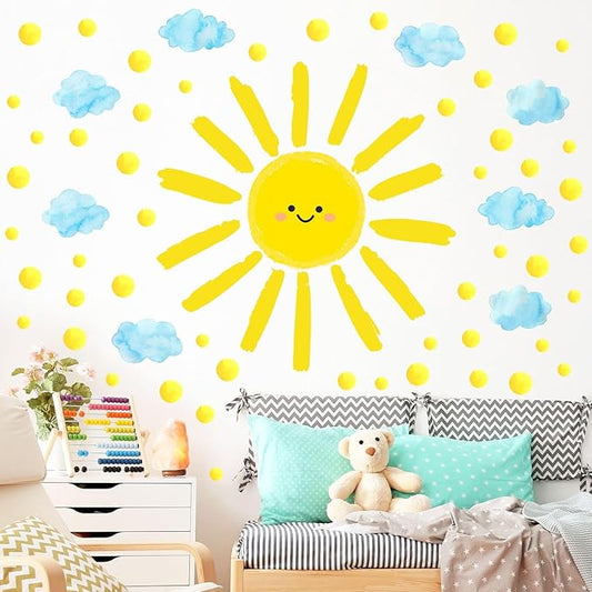 Eutecado Sun Wall Decals Watercolor Cloud Wall Stickers for Kids Room, 12 Sheets Large Sun Cloud Wall Decor Posters Polka Dots Wall Stickers Home Decorations for Girls Room Bedroom Play Room