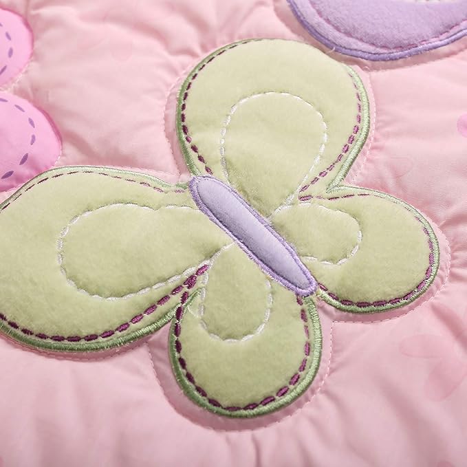 Butterfly Nursery Crib Beding Set for Girls Pink Purple -6 PCs Embroidery Flower Butterfly Baby Girl Bedding Set - Quilt/Fitted Sheet x 2/ Skirt/Diaper Stacker/Blanket 28'' x 52 ''